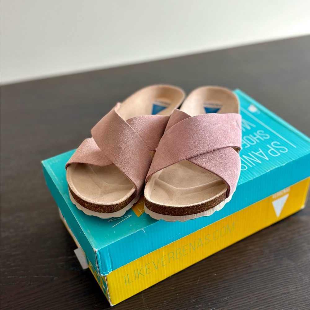 Verbenas Women’s Sabrina Suede Cross Strap Slides - Pink - Picture 2 of 4
